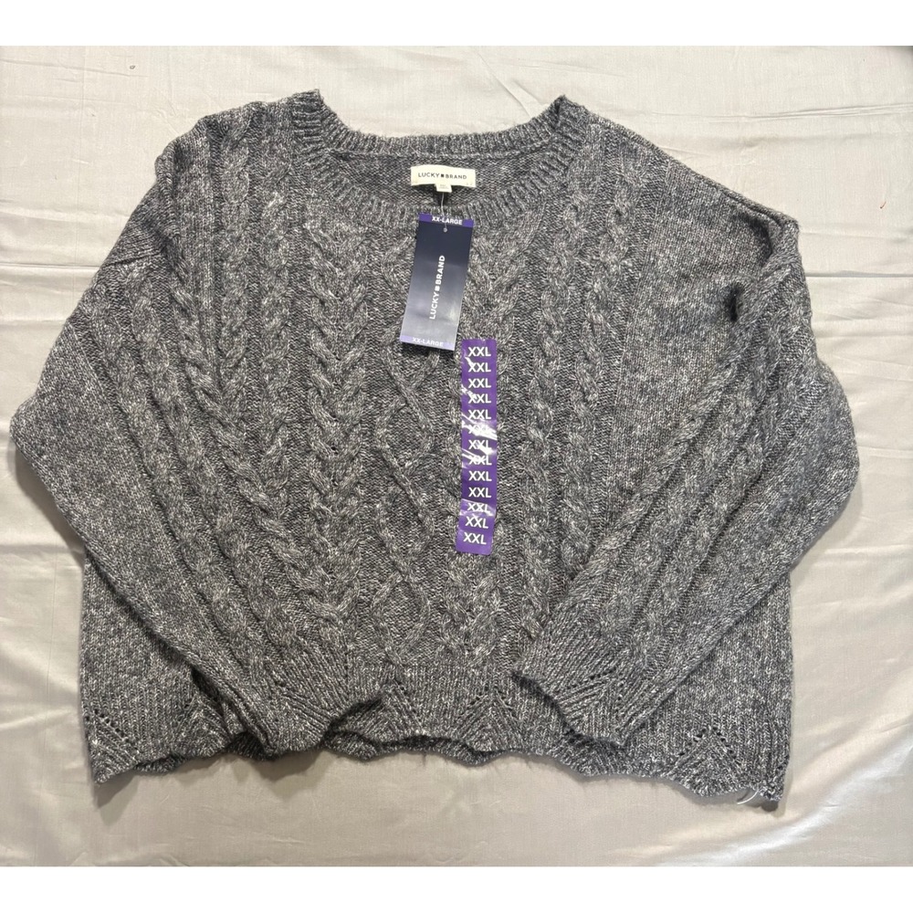 Lucky Brand Gray Cable Knit Scalloped Hem Sweater XXL NWT 157989